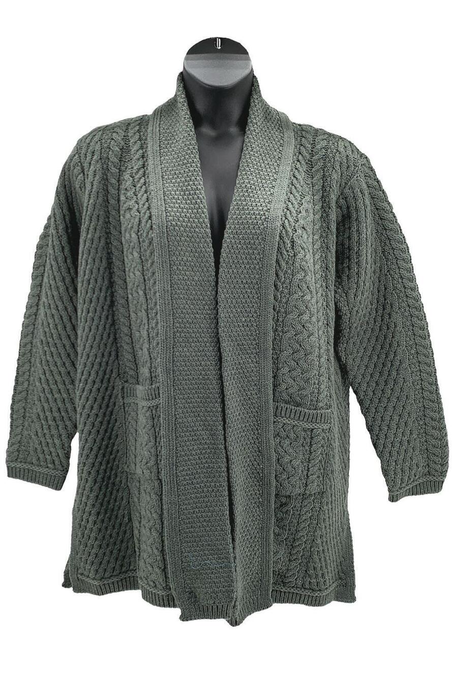 Aran Craft Merino Wool Open Front Long Sweater Cardigan Moss Green - Regular